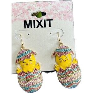 Mixit Colorful Egg & Yellow Chick Enamel Earrings with Multicolor Rhinestones 2"